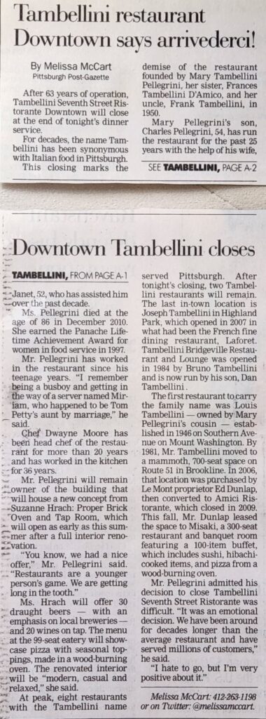 Tambellini restaurant closing announcement